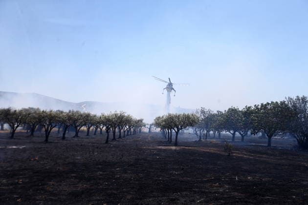 August 5, 2026, Koropi, Greece: Firefighters battle a wildfire in the Koropi area, southeast of Athens, as helicopters carry out repeated water drops to contain the flames. Ground crews worked alongside aerial firefighting units to prevent the fire from spreading amid dry conditions and strong winds. Koropi Greece - ZUMAv62_ 20260805_zaf_v62_004 Copyright: xAristidisxVafeiadakisx