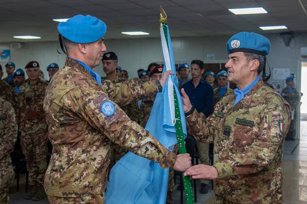 August 5, 2026, Shama, Rome, Lebanon: The passing of the United Nations flag between General B. Andrea Fraticelli and General D. Diodato Abagnara during the handover ceremony of the Italian contingent of UNIFIL, Shama, 05 08 2026 Shama Lebanon  - ZUMAa289 20260805_zia_a289_086 Copyright: xAlessandroxPusceddux xAgfx