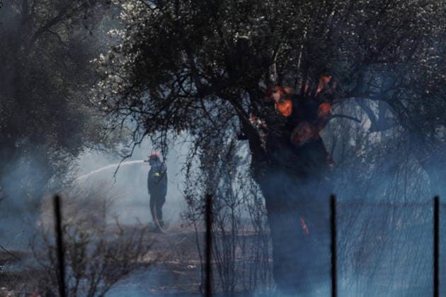 August 5, 2026, Koropi, Greece: Firefighters battle a wildfire in the Koropi area, southeast of Athens, as helicopters carry out repeated water drops to contain the flames. Ground crews worked alongside aerial firefighting units to prevent the fire from spreading amid dry conditions and strong winds. Koropi Greece - ZUMAv62_ 20260805_zaf_v62_065 Copyright: xAristidisxVafeiadakisx