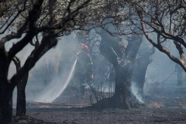 August 5, 2026, Koropi, Greece: Firefighters battle a wildfire in the Koropi area, southeast of Athens, as helicopters carry out repeated water drops to contain the flames. Ground crews worked alongside aerial firefighting units to prevent the fire from spreading amid dry conditions and strong winds. Koropi Greece - ZUMAv62_ 20260805_zaf_v62_084 Copyright: xAristidisxVafeiadakisx