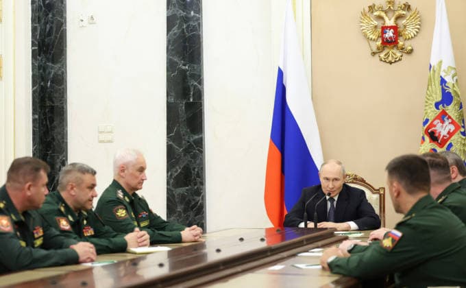 August 5, 2026, Moscow, Moscow Oblast, Russia: Russian President Vladimir Putin chairs a meeting with senior defense officials at the Kremlin, August 5, 2026 in Moscow, Russia. Sitting from left: Army Col. Gen. Denis Lyamin, Lt. Gen. Valery Solodchuk, and Defence Minister Andrei Belousov. Moscow Russia - ZUMAp138 20260805_zaa_p138_007 Copyright: xAlexanderxKazakov RussianxGovernx