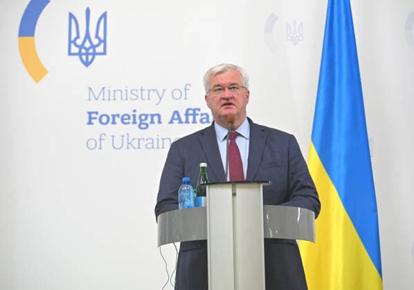 News conference of Ukrainian, Latvian FMs in Kyiv Acting Minister of Foreign Affairs of Ukraine Andrii Sybiha attends a joint news conference with Minister of Foreign Affairs of the Republic of Latvia Baiba Braze following their negotiations, Kyiv, Ukraine, August 5, 2026. During the meeting, the sides discussed military support, Ukraine™s European integration, the expansion of logistical routes, and holding the Russian Federation accountable for war crimes., Credit:Yevhen Kotenko Ukrinform Avalon Ukraine, Kyiv  Copyright: xYevhenxKotenkox xUkrinformx xAvalonx 1120845278