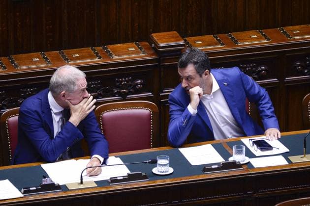 Foto IPP Marco Mattei Roma 05 08 2026 Camera dei deputati Question Time nella foto Adolfo Urso ministro delle imprese e del made in Italy con Matteo Salvini vicepresidente del Consiglio dei ministri della Repubblica Italiana e ministro delle Infrastrutture e dei Trasporti Italy Photo Press - World Copyright . *** IPP Photo by Marco Mattei, Rome, August 5, 2026. Chamber of Deputies, Question Time. Pictured: Adolfo Urso, Minister of Enterprise and Made in Italy, with Matteo Salvini, Vice President of the Council of Ministers of the Italian Republic and Minister of Infrastructure and Transportation. Italy Photo Press World Copyright 