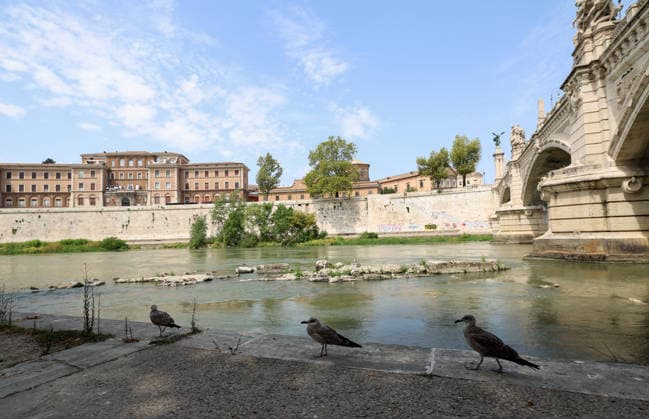 (260805) -- ROME, Aug. 5, 2026 -- This photo taken on Aug. 5, 2026 shows the Tiber River with low water level in Rome, Italy. Italy is battling its fourth major heatwave of the summer, with temperatures climbing above 40 degrees Celsius in parts of the country, and a record number of cities placed under the highest heat alert. Authorities are stepping up emergency measures amid mounting health, wildfire and agricultural concerns. The latest heatwave reached its peak on Monday, when the Health Ministry placed 25 of the country s 27 monitored cities under red alert, the highest warning level possible issued for extreme heat. ) ITALY-ROME-TIBER RIVER-HEAT WAVE WangxKaiyan 