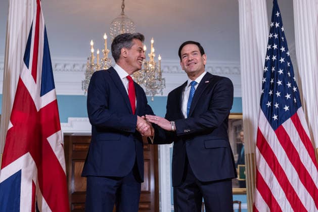 US Secretary of State Rubio meets with UK Foreign Secretary Ed Miliband WASHINGTON, D.C., UNITED STATES - AUGUST 05: U.S. Secretary of State Marco Rubio (R) greets British Foreign Secretary Ed Miliband (L) before a bilateral meeting at the U.S. Department of State in Washington, D.C., on August 5, 2026. Mehmet Eser Anadolu Washington United States. Editorial use only. Please get in touch for any other usage.  Copyright: x2026xAnadoluxMehmetxEserx
