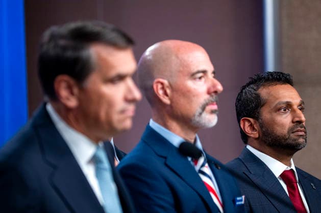Director of the Federal Bureau of Investigation (FBI) Kash Patel (R) during a press conference on the department s efforts to quell the Cartel Jalisco Nueva Generacion, or Jalisco New Generation Cartel (CJNG), a criminal group based in Mexico, at the Department of Justice headquarters in Washington, DC on Wednesday, August 5, 2026.  WAP20260805370 BONNIExCASH