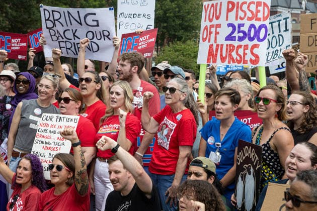 August 5, 2026, Portland, Maine, USA: Members of the Maine State Nurses Association union protest federal Immigration and Customs Enforcement (ICE) on the lawn outside Maine Medical Center, the stateÃ¢â‚¬â ¢s largest hospital, on Wednesday morning, August 5, 2026. Nurses demanded the release of colleague and medical-surgical nurse, DEBORAH KAPISHA, who was detained by federal officials at Logan Airport in Boston on July 30, 2026. Union members said KAPISHA, originally from Zambia, has federal authorization to work in Maine while awaiting the outcome of her asylum case. In addition to KAPISHAÃ¢â‚¬â ¢S release, union members demanded their employer, Maine Medical Center, take immediate steps to formally sponsor KAPISHA for permanent residency  - ZUMAb349 20260805_znp_b349_001 Copyright: xTroyxR.xBennettx