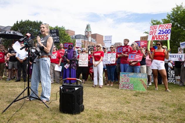 August 5, 2026, Portland, Maine, USA: Members of the Maine State Nurses Association union protest federal Immigration and Customs Enforcement (ICE) on the lawn outside Maine Medical Center, the stateÃ¢â‚¬â ¢s largest hospital, on Wednesday morning, August 5, 2026. Nurses demanded the release of colleague and medical-surgical nurse, DEBORA KAPISHA, who was detained by federal officials at Logan Airport in Boston on July 30, 2026. Union members said KAPISHA, originally from Zambia, has federal authorization to work in Maine while awaiting the outcome of her asylum case. In addition to KAPISHAÃ¢â‚¬â ¢S release, union members demanded their employer, Maine Medical Center, take immediate steps to formally sponsor KAPISHA for permanent residency. - ZUMAb349 20260805_znp_b349_005 Copyright: xTroyxR.xBennettx