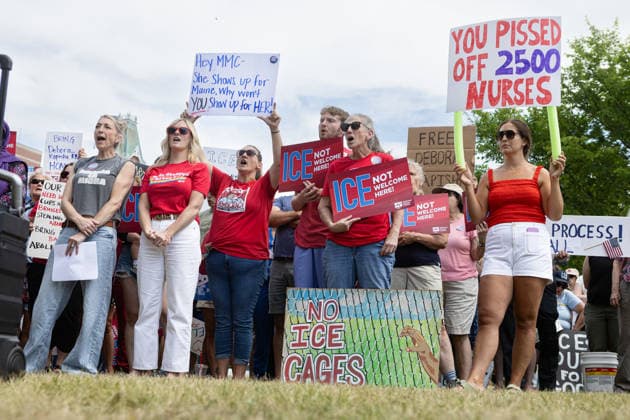 August 5, 2026, Portland, Maine, USA: Members of the Maine State Nurses Association union protest federal Immigration and Customs Enforcement (ICE) on the lawn outside Maine Medical Center, the stateÃ¢â‚¬â ¢s largest hospital, on Wednesday morning, August 5, 2026. Nurses demanded the release of colleague and medical-surgical nurse, DEBORA KAPISHA, who was detained by federal officials at Logan Airport in Boston on July 30, 2026. Union members said KAPISHA, originally from Zambia, has federal authorization to work in Maine while awaiting the outcome of her asylum case. In addition to KAPISHAÃ¢â‚¬â ¢S release, union members demanded their employer, Maine Medical Center, take immediate steps to formally sponsor KAPISHA for permanent residency.  - ZUMAb349 20260805_znp_b349_012 Copyright: xTroyxR.xBennettx