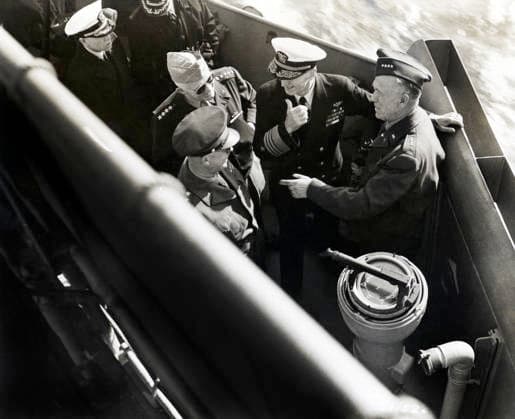U.S. General Dwight D. Eisenhower, U.S. General Henry Arnold, U.S. Admiral Ernest King and U.S. General George Marshall, America s top-ranking military officers in the European Theater of Operations, aboard landing craft enroute to inspect American installations, Normandy, France, U.S. Army Signal Corps, June 14, 1944  Copyright: xCircaxImagesx ghi-circa14445
