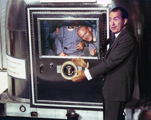 U.S. President Richard Nixon greeting Apollo 11 astronauts Neil A. Armstrong, Edwin E. Aldrin and Michael Collins, inside quarantine facility after successful recovery mission, USS Hornet, NASA, July 24, 1969  Copyright: xCircaxImagesx ghi-circa14485