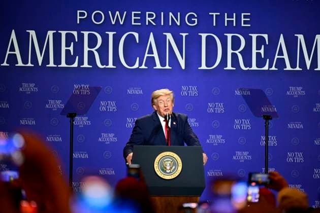 August 5, 2026, Las Vagas, Nevada, USA: LAS VEGAS, NV - AUGUST 5: U.S. President Donald J. Trump delivers remarks during an event at the Red Rock Casino Resort in Las Vegas, Nevada, United States, on August 5, 2026. During the event, Trump highlighted his administration s economic agenda, including the No Tax on Tips policy, as part of a visit to Nevada focused on service industry workers and the state s economy. Las Vagas USA - ZUMAs197 20260805_aaa_s197_050 Copyright: xWestonxHancockx