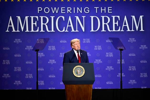 August 5, 2026, Las Vagas, Nevada, USA: LAS VEGAS, NV - AUGUST 5: U.S. President Donald J. Trump delivers remarks during an event at the Red Rock Casino Resort in Las Vegas, Nevada, United States, on August 5, 2026. During the event, Trump highlighted his administration s economic agenda, including the No Tax on Tips policy, as part of a visit to Nevada focused on service industry workers and the state s economy. Las Vagas USA - ZUMAs197 20260805_aaa_s197_056 Copyright: xWestonxHancockx