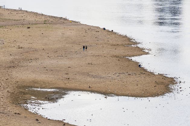 Ausgetrocknetes Rheinbett bei Rekord-Niedrigwasser vor dem Kölner Dom Blick von der Zoobrücke in Köln auf das ausgetrocknete Flussbett des Rheins. Mit einem Pegelstand von 69 cm am Pegel Köln erreicht das Niedrigwasser den bisherigen historischen Tiefstwert vom 23. Oktober 2018 ein neuer Rekord rückt in greifbare Nähe. Köln Zoobrücke Nordrhein-Westfalen Deutschland *** The dried-up Rhine riverbed during record-low water levels in front of Cologne Cathedral; view from the Zoobrücke in Cologne of the dried-up riverbed of the Rhine. With a water level of 69 cm at the Cologne gauge, the low water level has reached the previous all-time low set on October 23, 2018 A new record is within reach Cologne Zoobrücke North Rhine-Westphalia Copyright: xMarcxJohnx