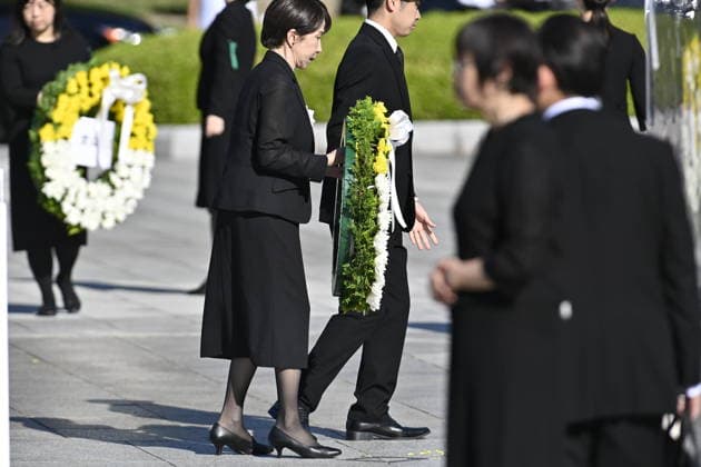 Japan marks 81st anniversary of the atomic bombing of Hiroshima HIROSHIMA, JAPAN - AUGUST 6 : Japanese Prime Minister Sanae Takaichi lays a wreath at the cenotaph for atomic bomb victims during the Hiroshima Peace Memorial Ceremony at Peace Memorial Park in Hiroshima, Japan, on August 6, 2026. Japan marks the 81st anniversary of the atomic bombing of Hiroshima. David Mareuil Anadolu Hiroshima Japan. Editorial use only. Please get in touch for any other usage.  Copyright: x2026xAnadoluxDavidxMareuilx