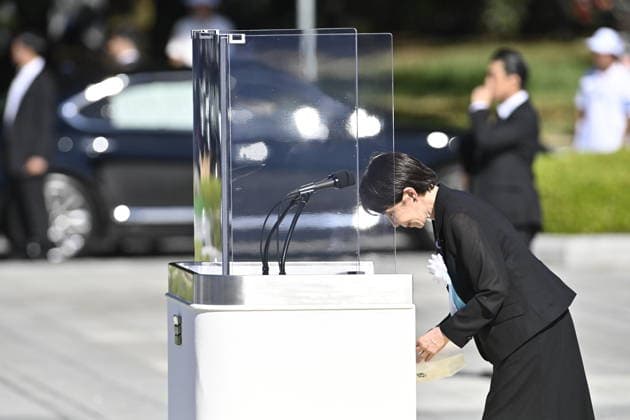 Japan marks 81st anniversary of the atomic bombing of Hiroshima HIROSHIMA, JAPAN - AUGUST 6 : Japanese Prime Minister Sanae Takaichi bows after delivering an address during the Hiroshima Peace Memorial Ceremony at Peace Memorial Park in Hiroshima, Japan, on August 6, 2026. Japan marks the 81st anniversary of the atomic bombing of Hiroshima. David Mareuil Anadolu Hiroshima Japan. Editorial use only. Please get in touch for any other usage.  Copyright: x2026xAnadoluxDavidxMareuilx