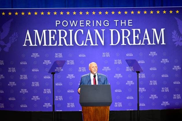 Donald J. Trump Remarks - Las Vegas, NV - 05 August 2026 Lieutenant Governor of Nevada is Stavros Anthony speaks ahead of an event at the Red Rock Casino Resort in Las Vegas, Nevada, United States, on August 5, 2026. During the event, Trump highlighted his administration s economic agenda, including the No Tax on Tips policy, as part of a visit to Nevada focused on service industry workers and the state s economy. Las Vagas United States Copyright: xWestonxHancockx xSOPAxImagesx Weston-Hancock-1440996