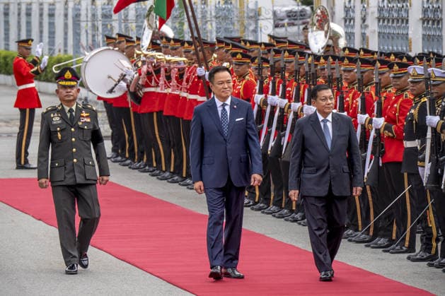Myanmar President Hlaing meets with Thai Prime Minister Charnvirakul in Thailand BANGKOK, THAILAND - AUGUST 6: Myanmar President Min Aung Hlaing (R) is welcomed by Thai Prime Minister Anutin Charnvirakul (C) with an official ceremony at Government House in Bangkok, Thailand, August 6, 2026. As part of Myanmar President Min Aung Hlaing’s first official visit to Thailand since taking office following the April 2026 elections, the two leaders held bilateral talks focusing on cooperation between the two countries as well as regional issues during the official visit. The trip marks Min Aung Hlaing s first official visit to Thailand since assuming the presidency after the April 2026 election. Adryel Talamantes Anadolu Bangok Thailand. Editorial  Copyright: x2026xAnadoluxAdryelxTalamantesx