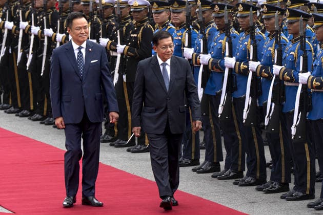 Myanmar President Hlaing meets with Thai Prime Minister Charnvirakul in Thailand BANGKOK, THAILAND - AUGUST 6: Myanmar President Min Aung Hlaing (R) is welcomed by Thai Prime Minister Anutin Charnvirakul (L) with an official ceremony at Government House in Bangkok, Thailand, August 6, 2026. As part of Myanmar President Min Aung Hlaing’s first official visit to Thailand since taking office following the April 2026 elections, the two leaders held bilateral talks focusing on cooperation between the two countries as well as regional issues during the official visit. The trip marks Min Aung Hlaing s first official visit to Thailand since assuming the presidency after the April 2026 election. Adryel Talamantes Anadolu Bangok Thailand. Editorial  Copyright: x2026xAnadoluxAdryelxTalamantesx