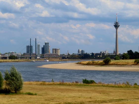 News Bilder des Tages Duesseldorf bietet seinen Einwohnern derzeit ein prachtvolles Feeling mit weiten Sandstraenden ob des Niederigwassers - Tendenz weiter fallend Duesseldorf Rheinkniebruecke mit Skyline, Rheinturm, Niedrigwasser *** Düsseldorf is currently offering its residents a magnificent experience with wide sandy beaches due to low water levels, which are expected to continue falling. Düsseldorf s Rheinknie Bridge with the skyline, the Rhine Tower, and low water levels