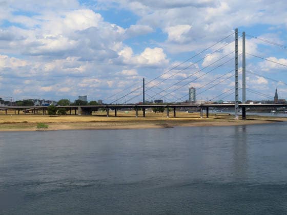 Sand und Kies - sonst nichts mehr unter der Vorlandbruecke bis zum Haupttragpfeiler der Rheinkniebruecke - alles knochentrocken Rheinbogen bei Duesseldorf Oberkassel *** Sand and gravel—nothing else—under the foreland bridge all the way to the main pier of the Rheinknie Bridge; everything is bone-dry. The Rhine bend near Düsseldorf-Oberkassel