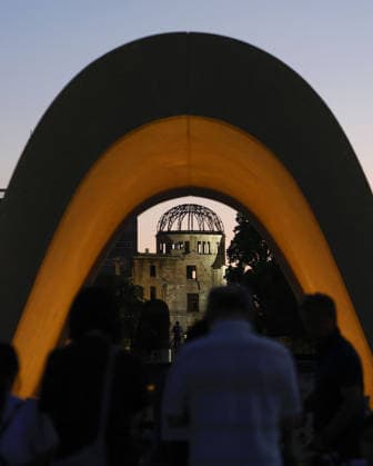 81st anniversary of U.S. atomic bombing of Hiroshima People pray before the cenotaph at the Peace Memorial Park in Hiroshima on Aug. 6, 2026, the 81st anniversary of the U.S. atomic bombing of the western Japan city, with the World Heritage-listed Atomic Bomb Dome in the background.  A14AA0005625188P