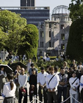 81st anniversary of U.S. atomic bombing of Hiroshima People observe a moment of silence at the Peace Memorial Park in Hiroshima at 8:15 a.m. on Aug. 6, 2026, the exact time of the U.S. atomic bombing of the western Japan city 81 years ago, with the World Heritage-listed Atomic Bomb Dome in the background.  A14AA0005625190P