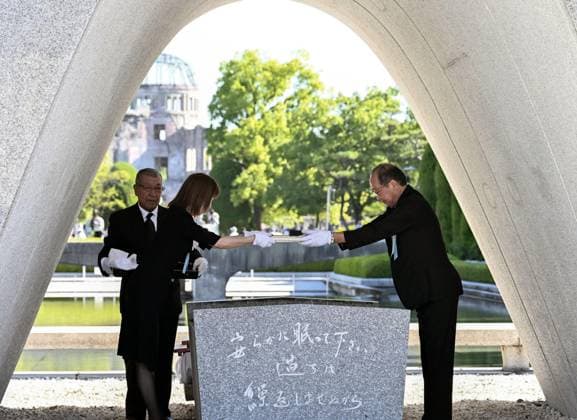 81st anniversary of U.S. atomic bombing of Hiroshima Hiroshima Mayor Kazumi Matsui (R) dedicates a list of names of atomic bomb victims at the cenotaph at Hiroshima Peace Memorial Park on Aug. 6, 2026, the 81st anniversary of the 1945 U.S. atomic bombing of the western Japan city.  A14AA0005625229P