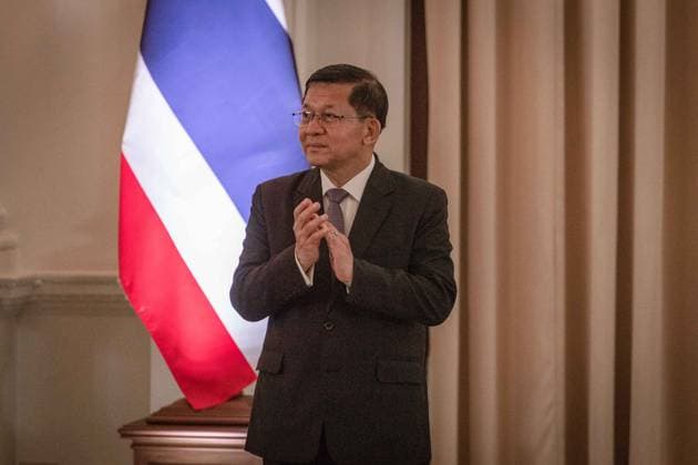Myanmar President Hlaing meets with Thai Prime Minister Charnvirakul in Thailand BANGKOK, THAILAND - AUGUST 6: Myanmar President Min Aung Hlaing is seen during a press conference after welcomed by Thai Prime Minister Anutin Charnvirakul (not seen) with an official ceremony at Government House in Bangkok, Thailand, August 6, 2026. As part of Myanmar President Min Aung Hlaing’s first official visit to Thailand since taking office following the April 2026 elections, the two leaders held bilateral talks focusing on cooperation between the two countries as well as regional issues during the official visit. The trip marks Min Aung Hlaing s first official visit to Thailand since assuming the presidency after the April 2026 election. Wissarut Weera  Copyright: x2026xAnadoluxWissarutxWeerasoponx