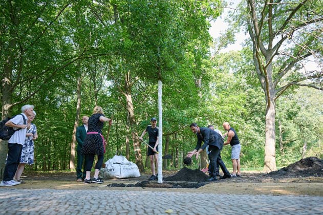 Nach der Attacke auf den Berliner Christopher Street Day (CSD) wird am Donnerstag (06.08.2026) im Tiergarten ein neuer Baum am Anschlagsort gepflanzt (im Foto: Mitglieder der LGBTQI+ und Queer-Community werfen Erde in das Pflanzloch des neuen Baums, 1.vr. vorne Alfonso Pantisano, Queerbeauftragte des Landes Berlin.). Ein franzoesischer Ahorn ersetzt den Baum, der infolge des Anschlags gefaellt wurde. Der Baum soll ein schuetzendes Metallgitter erhalten, an dem Karten, Fotos, Blumen und persoenliche Botschaften angebracht werden koennen. Neben dem Baum stellt das Bezirksamt eine Bank in den Farben des Regenbogens auf. Diese soll zum Innehalten, Verweilen und zur stillen Anteilnahme einladen und Solidaritaet mit der queeren Community zum Ausd Copyright: epd-bild ChristianxDitsch D26D0806CSDAnschlagGedenkort105938