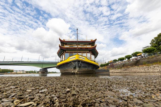 News Bilder des Tages China-Schiff Ocean Paradise liegt trocken am Rheinufer in Bonn-Beuel Bonn, 06.08.2026 Das ehemalige China-Restaurantschiff Ocean Paradise liegt am Beueler Rheinufer in Bonn auf dem Trockenen. Aufgrund des historischen Niedrigwassers des Rheins ist der Bereich um das fest vertäute Schiff nahezu wasserfrei, sodass der Schiffsrumpf deutlich sichtbar ist. Das markante Schiff, das jahrzehntelang als chinesisches Restaurantschiff und Wahrzeichen der Bonner Rheinuferpromenade galt, ist seit Oktober 2023 geschlossen. Das außergewöhnlich niedrige Rheinniveau beeinträchtigt derzeit die Schifffahrt erheblich und führt entlang des gesamten Flusses zu Einschränkungen im Güter- und Personenverkehr. Am 6. August 2026 findet in Bonn