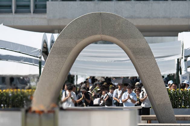 People pray after the ceremony for the atomic bomb victims at Hiroshima Peace Memorial Park marking the 81th anniversary of the atomic bombing of Hiroshima, Japan on Thursday, August 6, 2026.  TKP2026080619 KEIZOxMORI