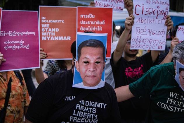 Protest held in Bangkok against visit of Myanmar President Min Aung Hlaing BANGKOK, THAILAND - AUGUST 6: Demonstrators holding placards gather to protest against the official visit of Myanmar President Min Aung Hlaing near Government House in Bangkok, Thailand, on August 6, 2026. Wissarut Weerasopon Anadolu Bangkok Thailand. Editorial use only. Please get in touch for any other usage.  Copyright: x2026xAnadoluxWissarutxWeerasoponx