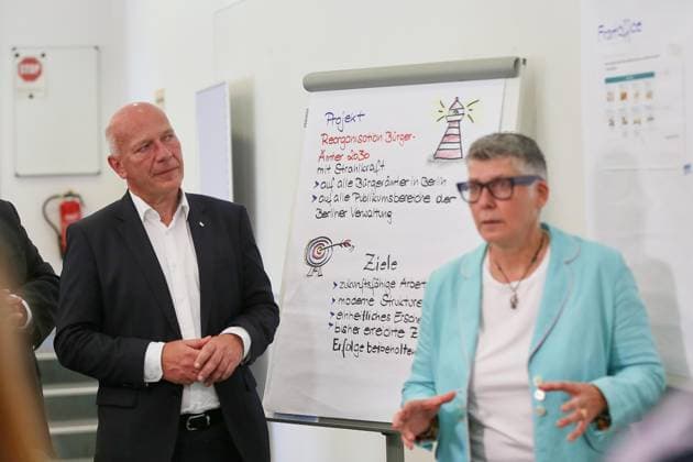 Berlin, Deutschland, 06.08.2026: Rathaus Schöneberg: Vorstellung des Pilotprojekts Reorganisation Bürgerämter 2030 : Kai Wegner (CDU), Regierender Bürgermeister von Berlin, links, in einem Bürgeramt *** Berlin, Germany, August 6, 2026; Schöneberg City Hall: Presentation of the pilot project Reorganization of Citizens’ Offices 2030 ; Kai Wegner (CDU), Governing Mayor of Berlin, on the left, at a citizens’ office Copyright: xdtsxNachrichtenagenturx dts_129468