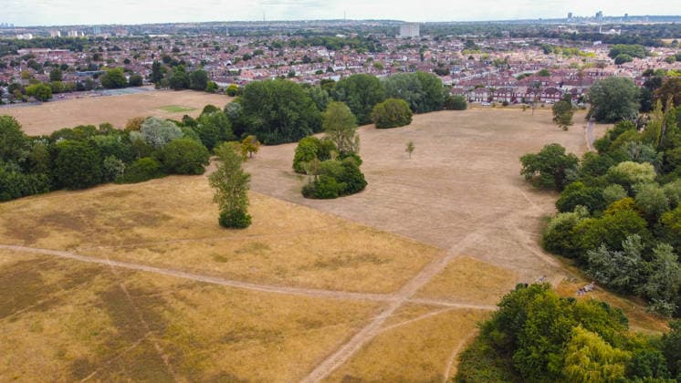 Heatwave causes parks and green spaces to dry out in London LONDON, UNITED KINGDOM - AUGUST 6: An aerial view of parched and yellowed grass across a park following heatwaves and prolonged lack of rainfall in London, United Kingdom on August 6, 2026. Attention has turned to the impact of hot and dry weather conditions on green spaces after the UK Environment Agency declared a drought in London and surrounding regions. Rasid Necati Aslim Anadolu London United Kingdom. Editorial use only. Please get in touch for any other usage.  Copyright: x2026xAnadoluxRaÅüidxNecatixAslÄ±mx