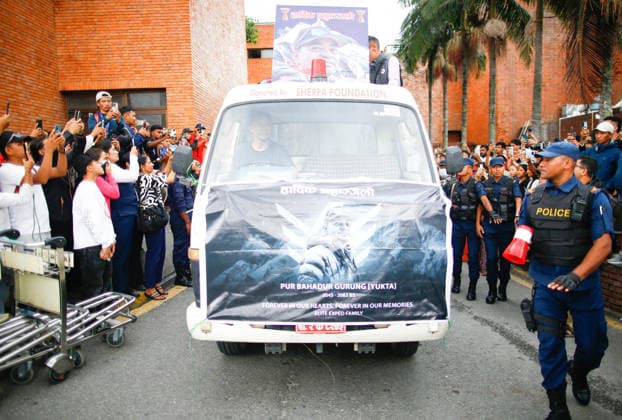 August 6, 2027, Kathmandu, Nepal: A vehicle transports the coffin containing the body of renowned Nepali mountaineer Pur Bahadur Gurung (Yukta) at Tribhuvan International Airport. Vice President of the Nepal Mountaineering Association, Gandaki Province, was among the climbers killed in an avalanche on Broad Peak in Pakistan and was the first victim to be recovered from the avalanche site. Kathmandu Nepal  - ZUMAs197 20270806_aaa_s197_006 Copyright: xSkandaxGautamx