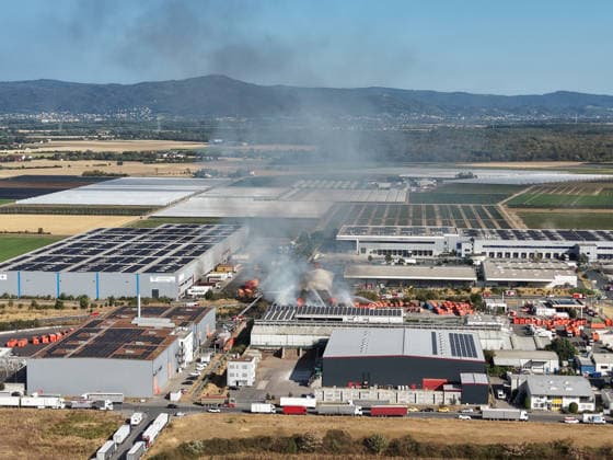 Von Weitem sichtbar die Rauchentwicklung der Brandstelle bei Abfallentsorger Meinhardt - Gernsheim 06.08.2026: Brand bei Meinhardt *** Smoke rising from the fire at the Meinhardt waste disposal facility is visible from a distance. Gernsheim, August 6, 2026: Fire at Meinhardt