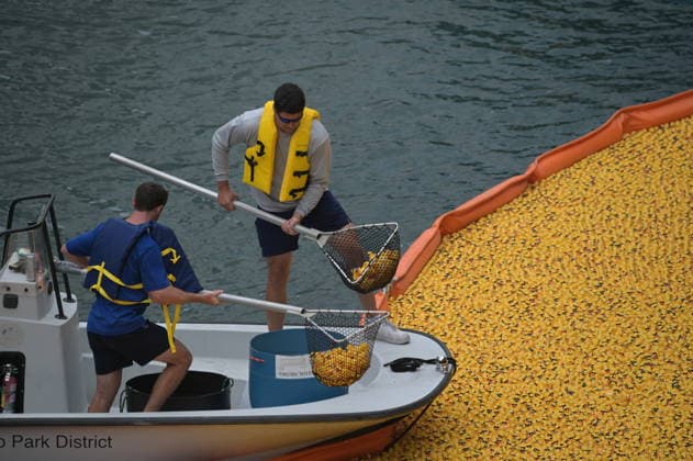 Chicago Ducky derby marks 21st anniversary CHICAGO, ILLINOIS, UNITED STATES - AUGUST 6: Thousands of rubber ducks race down the Chicago River during the 21st annual Chicago Ducky Derby in Chicago, Illinois, United States, on August 6, 2026. The annual event raised funds for Special Olympics Illinois and attracted large crowds as participants and spectators gathered along the river to mark the 21st edition of the charity race. Jacek Boczarski Anadolu Chicago United States. Editorial use only. Please get in touch for any other usage.  Copyright: x2026xAnadoluxJacekxBoczarskix