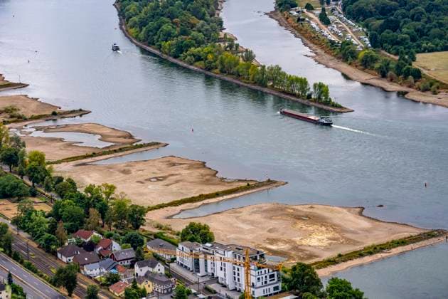 Niedrigwasser im Rhein, blick auf das Rheinufer bei Bad Honnef Rhöndorf vom Drachenfels aus, Insel Nonnenwerth, große Sandbänke, kaum Schiffsverkehr, Frachter dürfen nur mit stark reduzierter Ladung und verringerter Geschwindigkeit fahren, NRW, Deutschland, Rhein Niedrigwasser *** Low water levels on the Rhine; view of the Rhine riverbank near Bad Honnef-Rhöndorf from the Drachenfels; Nonnenwerth Island; large sandbars; hardly any boat traffic; freighters are only allowed to sail with greatly reduced cargo and at reduced speed; North Rhine-Westphalia, Germany; Rhine low water levels