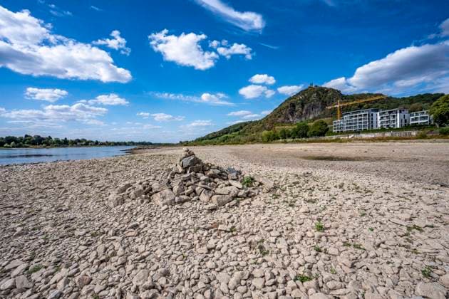 Niedrigwasser im Rhein, trocken gefallenes Flussbett, Sandbänke, am rechtsrheinischen Ufer bei Bad Honnef, kaum Schiffsverkehr, Frachter dürfen nur mit stark reduzierter Ladung und verringerter Geschwindigkeit fahren, Wohnanlage in Rhöndorf, Drachenfels, NRW, Deutschland, Rhein Niedrigwasser *** Low water levels in the Rhine, a dry riverbed, sandbars, on the right bank of the Rhine near Bad Honnef, hardly any boat traffic, freighters are only allowed to sail with a significantly reduced cargo and at reduced speed, residential complex in Rhöndorf, Drachenfels, North Rhine-Westphalia, Germany, Rhine low water levels