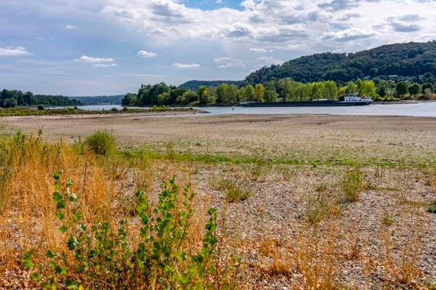 Niedrigwasser im Rhein, Sandbänke, am rechtsrheinischen Ufer bei Bad Honnef, kaum Schiffsverkehr, Frachter dürfen nur mit stark reduzierter Ladung und verringerter Geschwindigkeit fahren, NRW, Deutschland, Rhein Niedrigwasser *** Low water levels in the Rhine, sandbars, on the right bank of the Rhine near Bad Honnef, hardly any boat traffic; freighters are only allowed to sail with significantly reduced cargo and at reduced speed, North Rhine-Westphalia, Germany, Rhine low water levels
