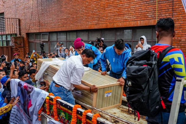 Body of Mountaineer Pur Bahadur Gurung Arrives in Kathmandu Kathmandu, Nepal - August 6, 2026: The body of veteran Nepali mountaineer Pur Bahadur Gurung, popularly known as Yukta, arrives at the Tribhuvan International Airport in Kathmandu, Nepal. after being repatriated from Pakistan. Gurung died in an avalanche on Broad Peak during a mountaineering expedition. His family, fellow climbers, and well-wishers gathered at the airport to receive his body. (Photo by AP Tolang Nexpher Images) kathmandu bagmati