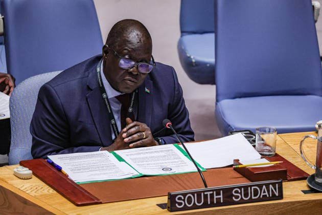 August 6, 2026, New York, New York, United States: SABINO EDWARD NYAWELLA AMAIKWEY, Deputy Permanent Representative of South Sudan to the United Nations, addresses the United Nations Security Council during a meeting on the situation in South Sudan. Nyawella Amaikwey reaffirmed his governmentÃ¢â‚¬â ¢s commitment to implementing the Revitalized Peace Agreement, emphasized that the primary responsibility for peace, security and the protection of civilians rests with the Government of South Sudan, highlighted cooperation with the United Nations Mission in South Sudan (UNMISS), and called for continued international support for the countryÃ¢â‚¬â ¢s political transition and institution-building. New York United States - ZUMAo116 20260806_znp_o116_005 Copyright: xBiancaxOterox