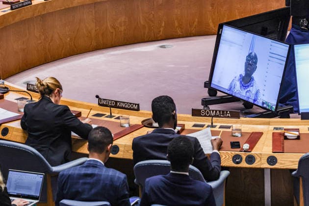 August 6, 2026, New York, New York, United States: (UNMISS), appears on screen as she briefs the United Nations Security Council on the situation in South Sudan at UN Headquarters in New York. Gbeho updated Council members on political and security developments, preparations for elections, protection of civilians and implementation of the Revitalized Peace Agreement. New York United States - ZUMAo116 20260806_znp_o116_011 Copyright: xBiancaxOterox