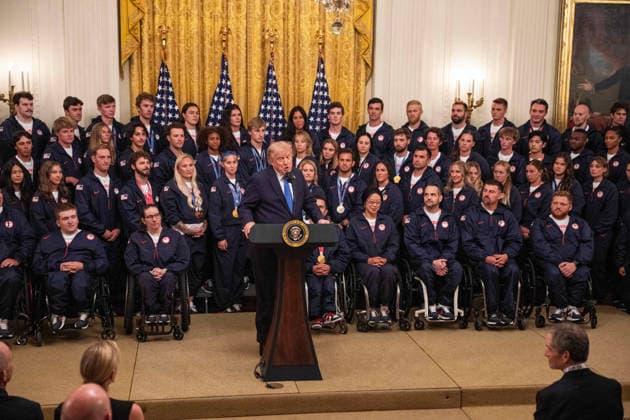 President Trump Hosts Team USA Olympians at White House United States President Donald J Trump gives remarks in the East Room of the White House in Washington, DC, USA, on Thursday, August 6, 2026. President Trump is hosting a ceremony for Team USA Olympians who competed in the 2026 Olympic Winter Games in Italy. Credit: Aaron Schwartz Pool via CNP Washington District of Columbia United States  Copyright: xPool ABACAx