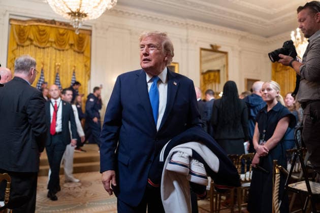 President Trump Hosts Team USA Olympians at White House United States President Donald J Trump departs an event in the East Room of the White House in Washington, DC, USA, on Thursday, August 6, 2026. President Trump is hosting a ceremony for Team USA Olympians who competed in the 2026 Olympic Winter Games in Italy. Credit: Aaron Schwartz Pool via CNP Washington District of Columbia United States  Copyright: xPool ABACAx