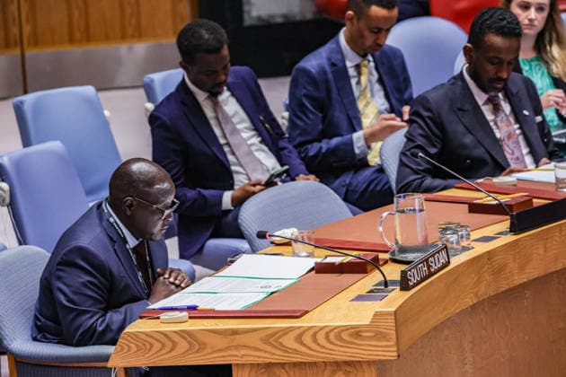 August 6, 2026, New York, New York, United States: SABINO EDWARD NYAWELLA AMAIKWEY, Deputy Permanent Representative of South Sudan to the United Nations, addresses the United Nations Security Council during a meeting on the situation in South Sudan. Nyawella Amaikwey reaffirmed his governmentÃ¢â‚¬â ¢s commitment to implementing the Revitalized Peace Agreement, emphasized that the primary responsibility for peace, security and the protection of civilians rests with the Government of South Sudan, highlighted cooperation with the United Nations Mission in South Sudan (UNMISS), and called for continued international support for the countryÃ¢â‚¬â ¢s political transition and institution-building. New York United States - ZUMAo116 20260806_znp_o116_010 Copyright: xBiancaxOterox