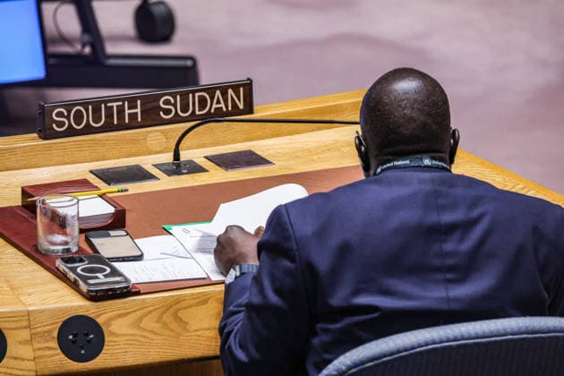 August 6, 2026, New York, New York, United States: SABINO EDWARD NYAWELLA AMAIKWEY, Deputy Permanent Representative of South Sudan to the United Nations, addresses the United Nations Security Council during a meeting on the situation in South Sudan. Nyawella Amaikwey reaffirmed his governmentÃ¢â‚¬â ¢s commitment to implementing the Revitalized Peace Agreement, emphasized that the primary responsibility for peace, security and the protection of civilians rests with the Government of South Sudan, highlighted cooperation with the United Nations Mission in South Sudan (UNMISS), and called for continued international support for the countryÃ¢â‚¬â ¢s political transition and institution-building. New York United States - ZUMAo116 20260806_znp_o116_013 Copyright: xBiancaxOterox