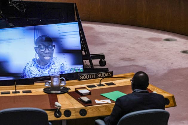 August 6, 2026, New York, New York, United States: (UNMISS), appears on screen as she briefs the United Nations Security Council on the situation in South Sudan at UN Headquarters in New York. Gbeho updated Council members on political and security developments, preparations for elections, protection of civilians and implementation of the Revitalized Peace Agreement. New York United States - ZUMAo116 20260806_znp_o116_014 Copyright: xBiancaxOterox