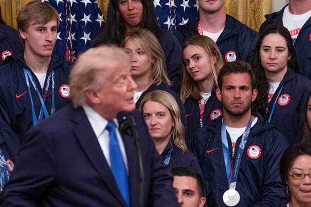 President Trump Hosts Team USA Olympians at White House Team USA Olympic and Paralympic athletes look on as United States President Donald J Trump gives remarks in the East Room of the White House in Washington, DC, USA, on Thursday, August 6, 2026. President Trump is hosting a ceremony for Team USA Olympians who competed in the 2026 Olympic Winter Games in Italy. Credit: Aaron Schwartz Pool via CNP Washington District of Columbia United States  Copyright: xPool ABACAx